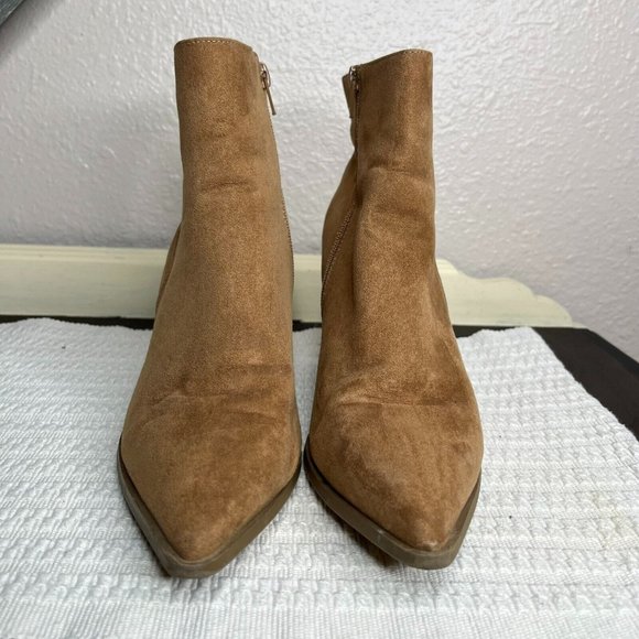 Just Fab Olwen Camel Textile Pointed Toe Zipper Block Heel Ankle Booties Size 8 - Picture 3 of 7